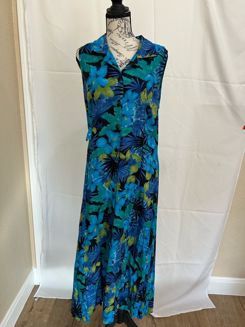 Sleeveless Tropical Blue Floral Maxi Dress/Sun Dress